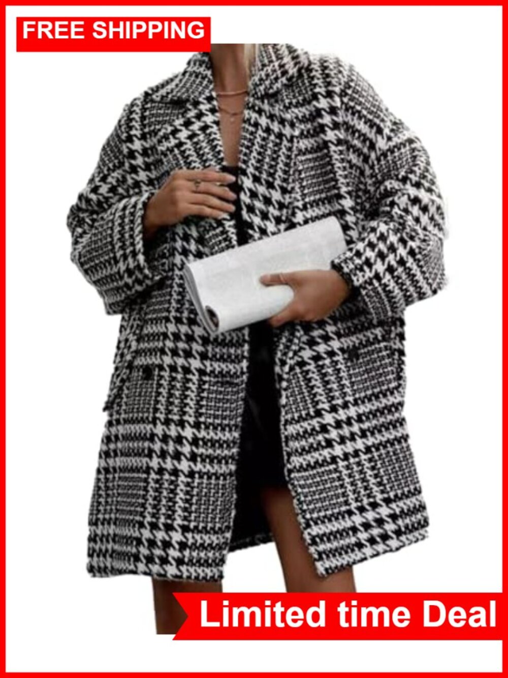 Houndstooth Trench Coat Double Breasted Notched Lapel Loose Mid Long Pea Coat